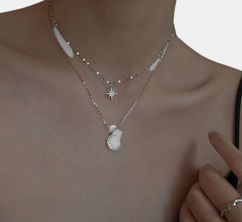 Virelle-Jewelry Necklace Moon-Virelle ketting - Zilveren gelaagde maan en ster halsketting