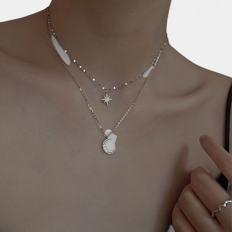 Virelle-Jewelry Necklace Moon-Virelle ketting - Zilveren gelaagde maan en ster halsketting