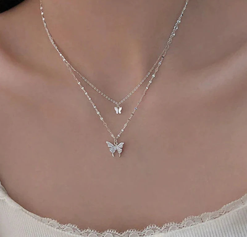 Virelle-Jewelry-Virelle | Dames Ketting Set – Zilver, Dubbele Ketting, Glanzende Vlinderhanger