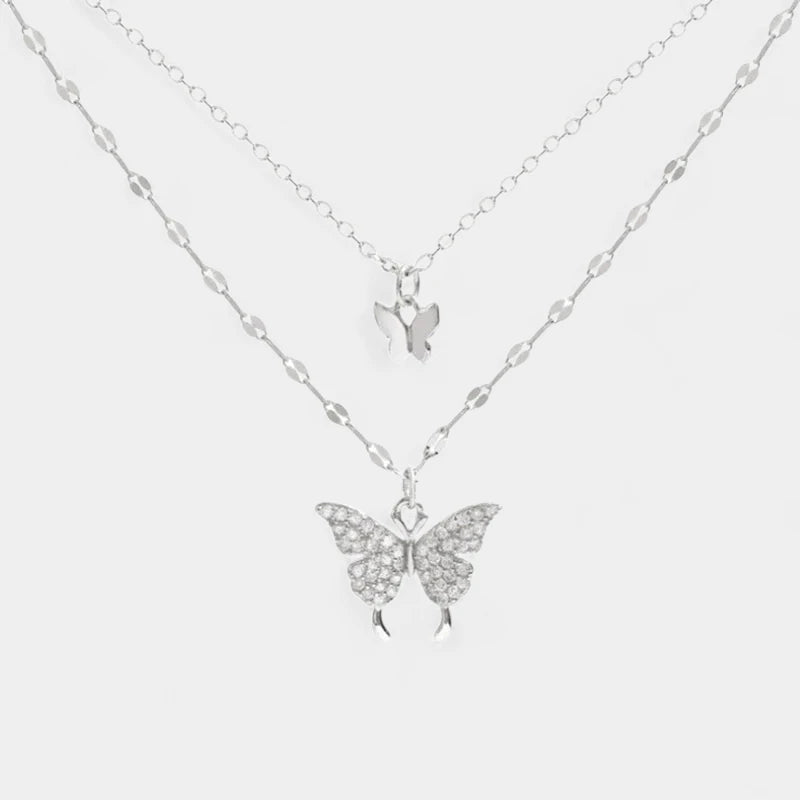 Virelle-Jewelry-Virelle | Dames Ketting Set – Zilver, Dubbele Ketting, Glanzende Vlinderhanger