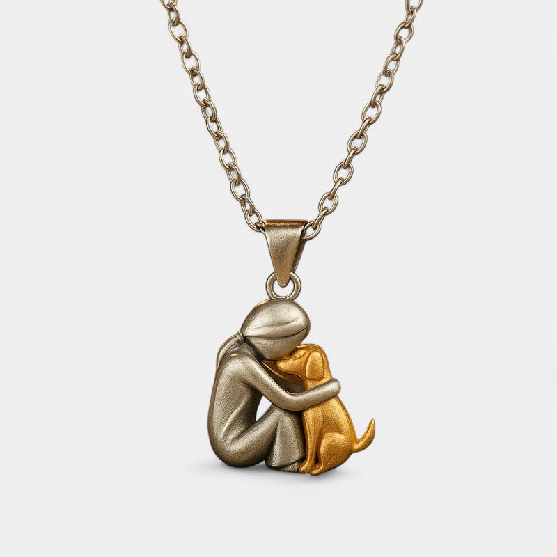 Virelle-Ketting-Virelle | Hangerketting – roestvrij staal, tweekleurig ontwerp, omhelzende figuur met hond