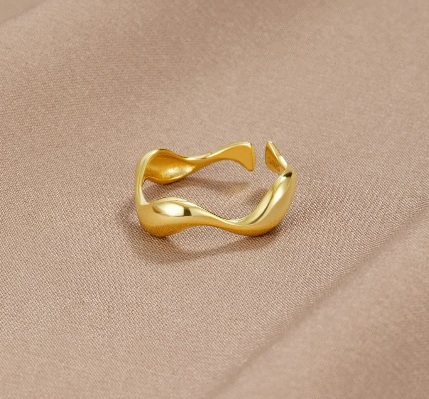 Virelle-Kleding & Accessoires > Accessoires > Sieraden-Virelle | Dames Ring – 18K Verguld Sterling Zilver, Minimalistisch Golfontwerp, Verstelbare Maat