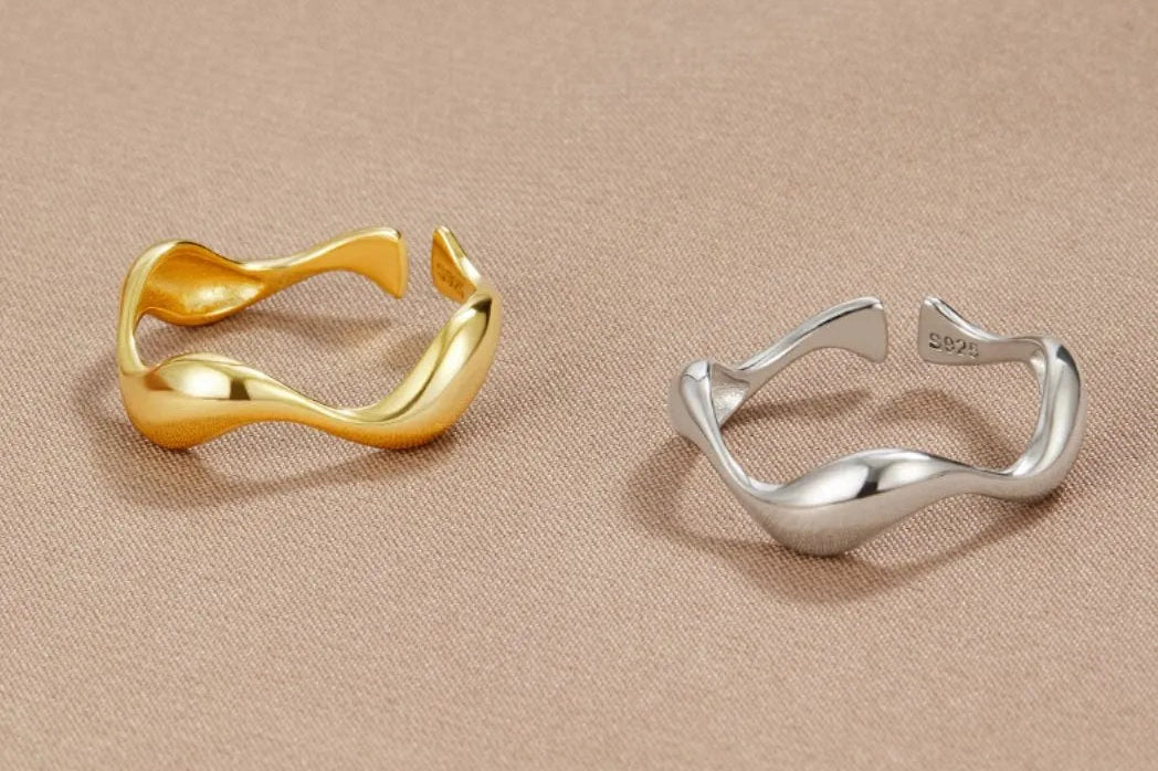 Virelle-Kleding & Accessoires > Accessoires > Sieraden-Virelle | Dames Ring – 18K Verguld Sterling Zilver, Minimalistisch Golfontwerp, Verstelbare Maat