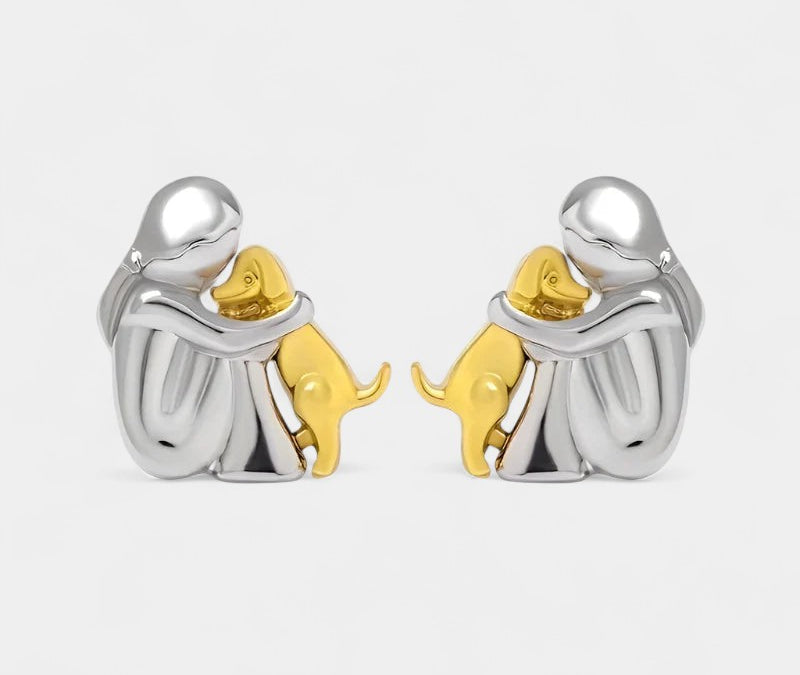 Virelle-Oorstekers-Virelle | Dames oorstekers – roestvrij staal, tweekleurig ontwerp, omhelzende figuur met hond