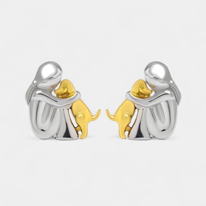 Virelle-Oorstekers-Virelle | Dames oorstekers – roestvrij staal, tweekleurig ontwerp, omhelzende figuur met hond