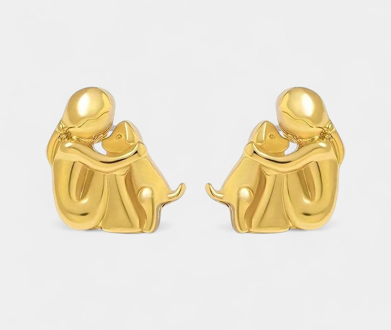 Virelle-Oorstekers-Virelle | Dames oorstekers – roestvrij staal, tweekleurig ontwerp, omhelzende figuur met hond