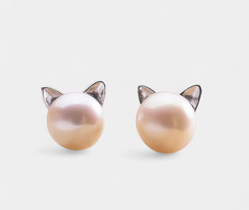 Virelle-Oorstekers-Virelle | Dames oorstekers – sterling zilver, parelontwerp met kattenoren, glanzende afwerking
