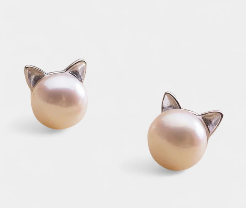 Virelle-Oorstekers-Virelle | Dames oorstekers – sterling zilver, parelontwerp met kattenoren, glanzende afwerking