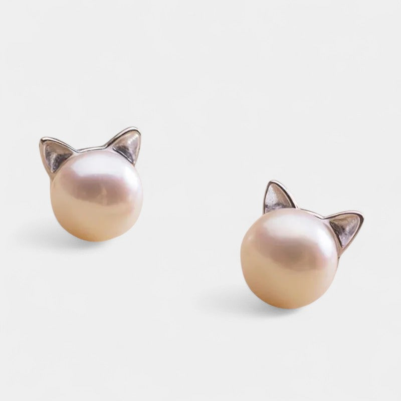 Virelle-Oorstekers-Virelle | Dames oorstekers – sterling zilver, parelontwerp met kattenoren, glanzende afwerking