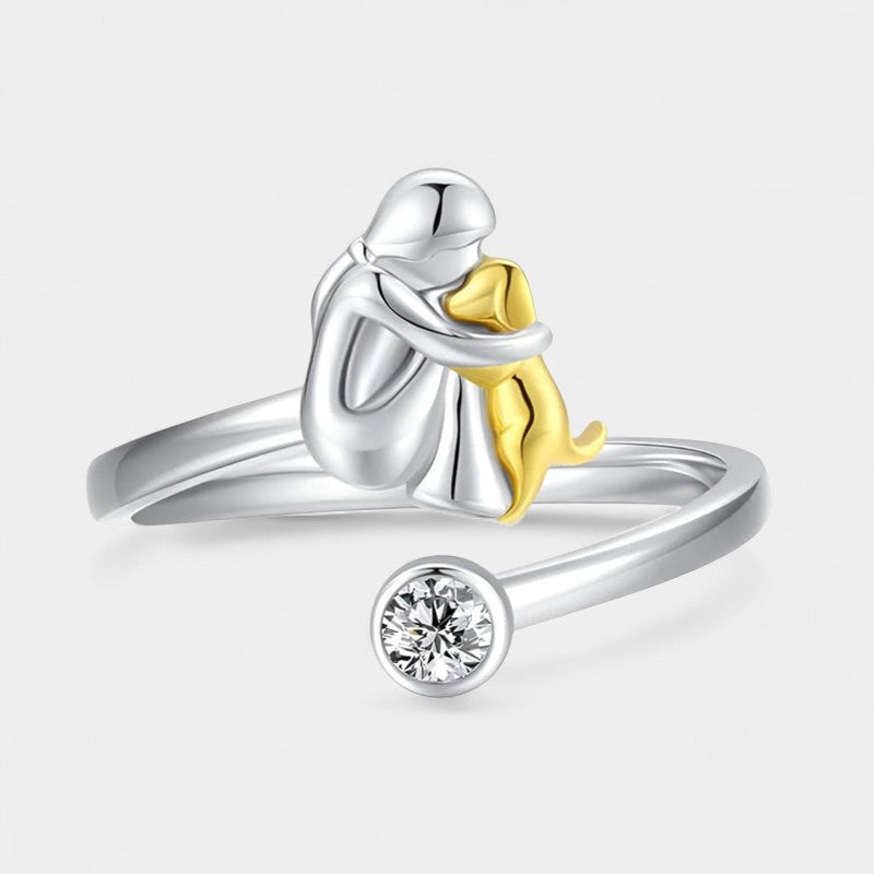 Virelle-Ring-Virelle | Dames ring – sterling zilver, verstelbaar ontwerp, zirkonia-accent, omhelzende figuur met hond