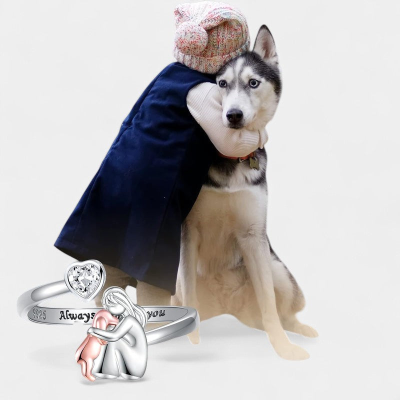 Virelle-Ring-Virelle | Dames ring – sterling zilver, verstelbaar ontwerp, hartvormige zirkonia, omhelzende figuur met hond
