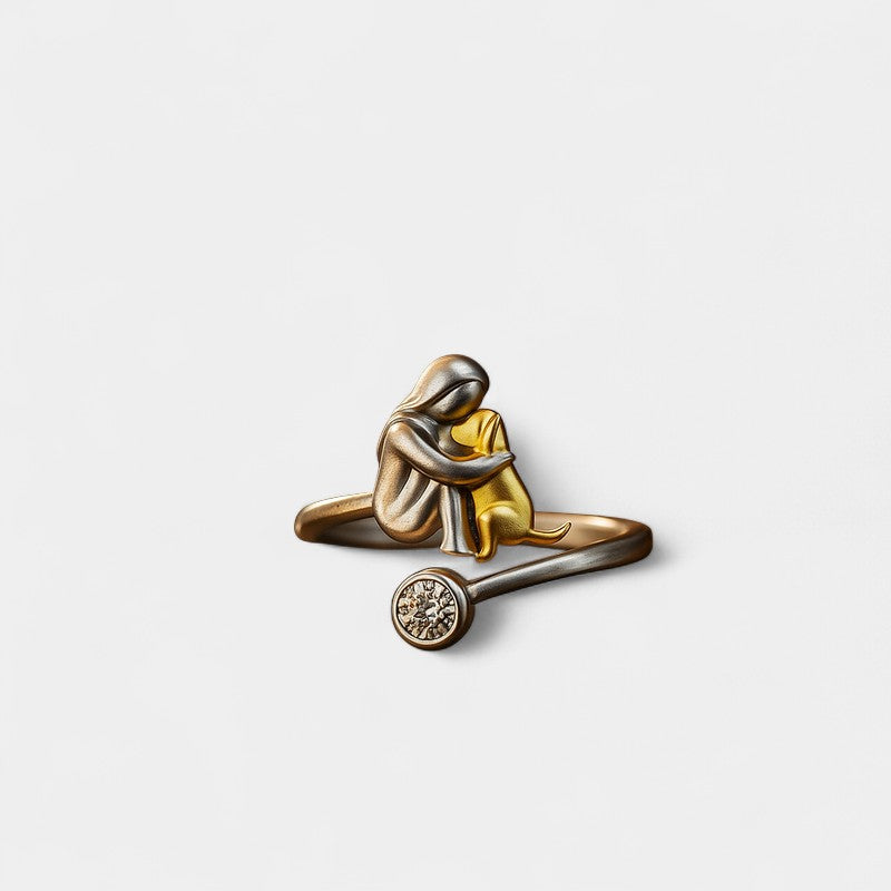 Virelle-Ring-Virelle | Dames ring – sterling zilver, verstelbaar ontwerp, zirkonia-accent, omhelzende figuur met hond