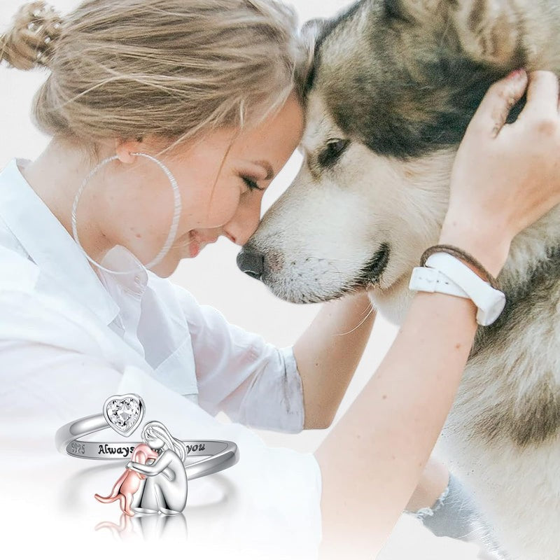 Virelle-Ring-Virelle | Dames ring – sterling zilver, verstelbaar ontwerp, hartvormige zirkonia, omhelzende figuur met hond