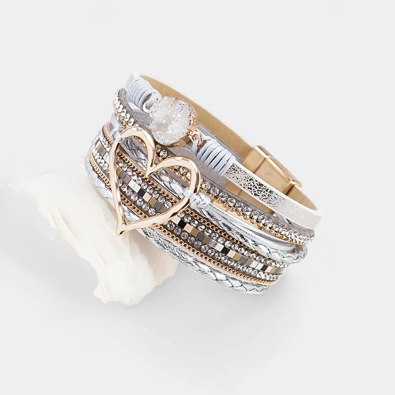 Virelle-Virelle | Dames Armband – Boheemse Multi-Lagen Leer, Met Gouden Hart, Handgevlochten