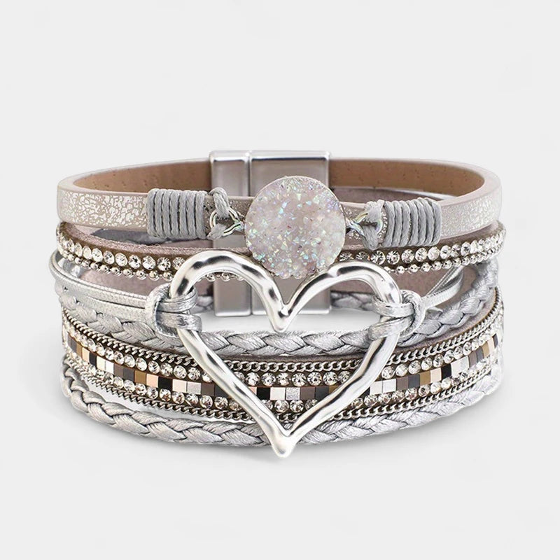 Virelle-Virelle | Dames Armband – Boheemse Multi-Lagen Leer, Met Gouden Hart, Handgevlochten
