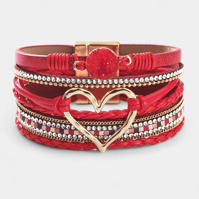Virelle-Virelle | Dames Armband – Boheemse Multi-Lagen Leer, Met Gouden Hart, Handgevlochten