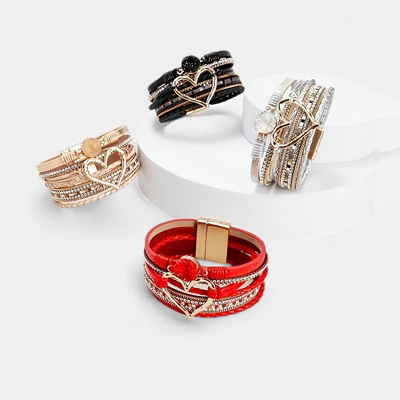 Virelle-Virelle | Dames Armband – Boheemse Multi-Lagen Leer, Met Gouden Hart, Handgevlochten