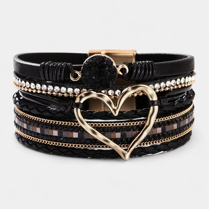 Virelle-Virelle | Dames Armband – Boheemse Multi-Lagen Leer, Met Gouden Hart, Handgevlochten