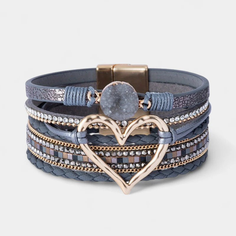 Virelle-Virelle | Dames Armband – Boheemse Multi-Lagen Leer, Met Gouden Hart, Handgevlochten