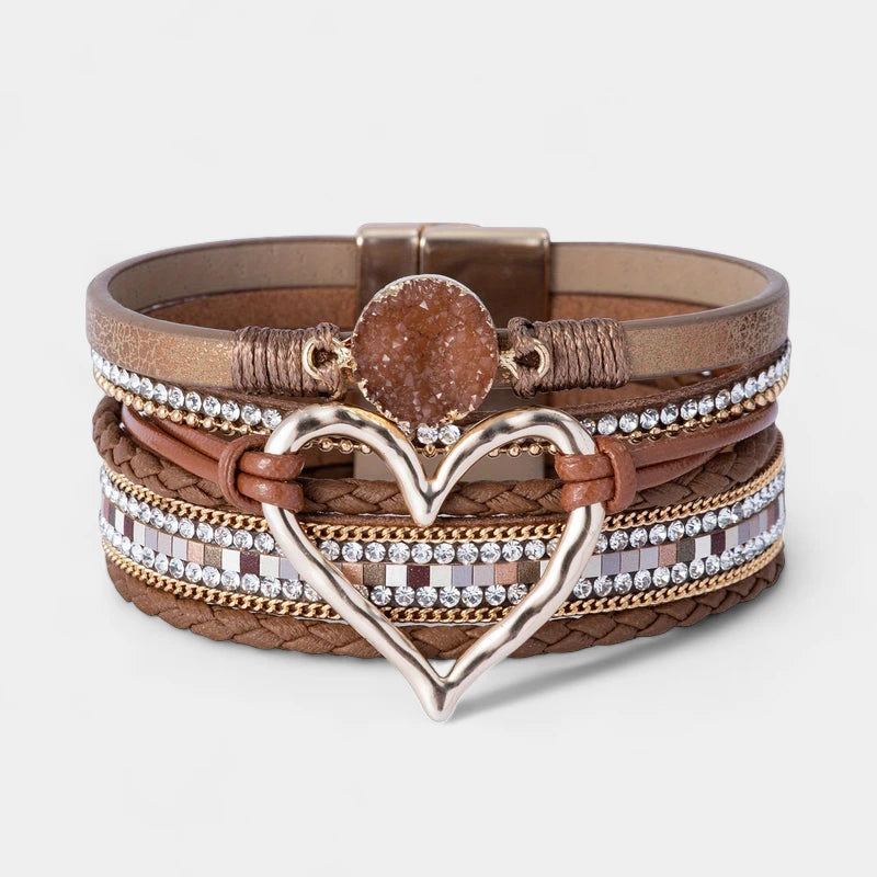Virelle-Virelle | Dames Armband – Boheemse Multi-Lagen Leer, Met Gouden Hart, Handgevlochten