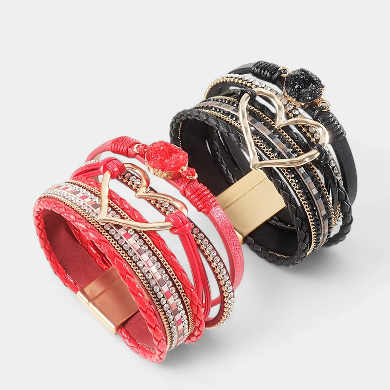 Virelle-Virelle | Dames Armband – Boheemse Multi-Lagen Leer, Met Gouden Hart, Handgevlochten