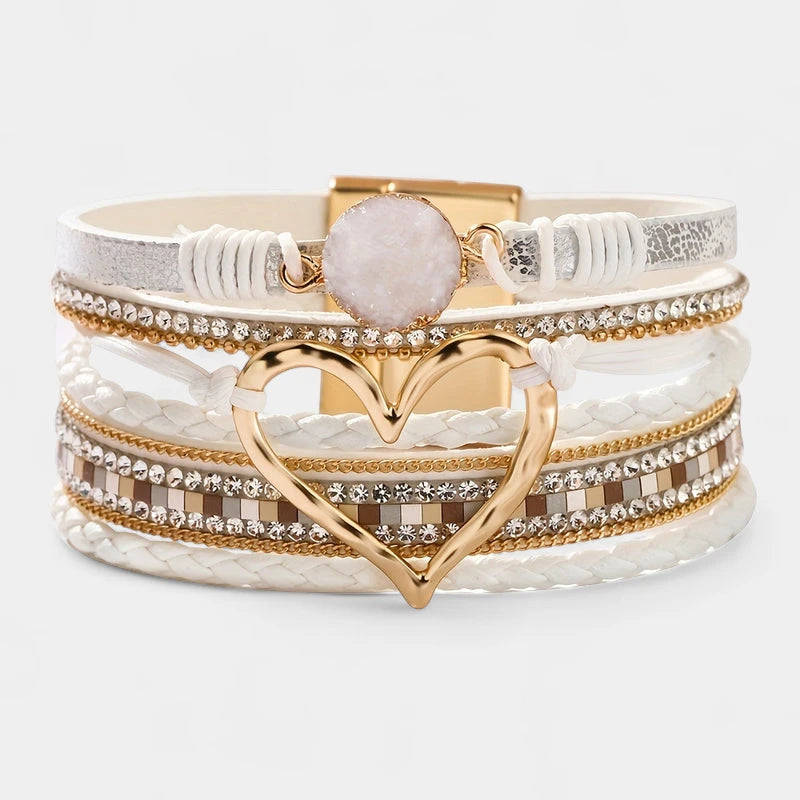 Virelle-Virelle | Dames Armband – Boheemse Multi-Lagen Leer, Met Gouden Hart, Handgevlochten