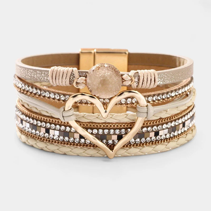 Virelle-Virelle | Dames Armband – Boheemse Multi-Lagen Leer, Met Gouden Hart, Handgevlochten