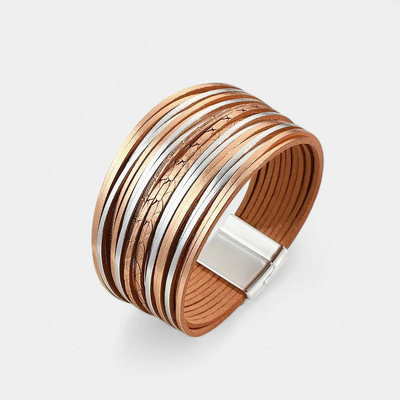 Virelle-Virelle | Dames Armband – Boho Vintage Stijl, Faux Leer, Magnetische Sluiting, Multi-Lagen Brede Cuff