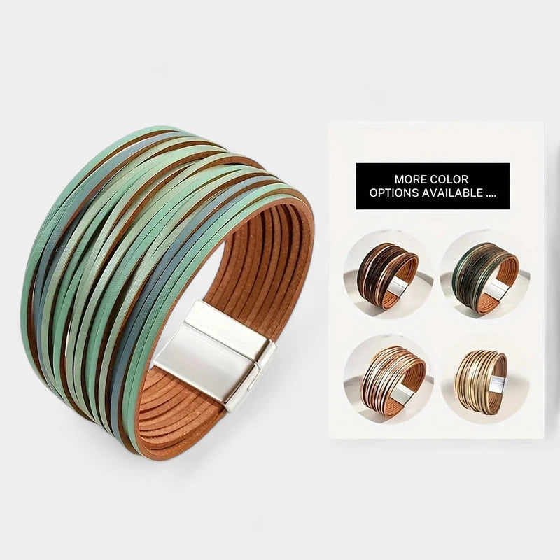 Virelle-Virelle | Dames Armband – Boho Vintage Stijl, Faux Leer, Magnetische Sluiting, Multi-Lagen Brede Cuff