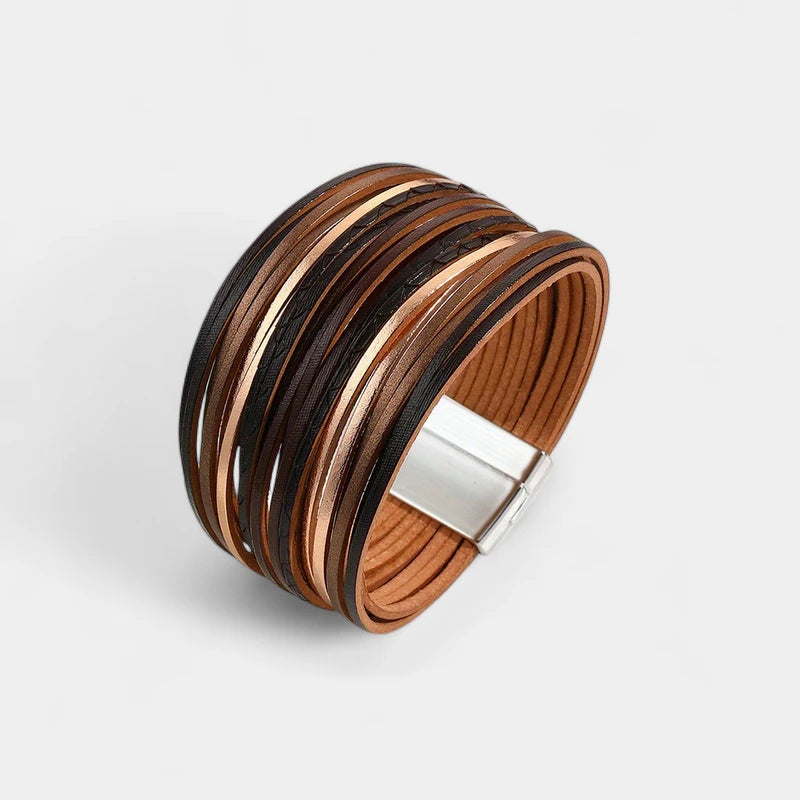 Virelle-Virelle | Dames Armband – Boho Vintage Stijl, Faux Leer, Magnetische Sluiting, Multi-Lagen Brede Cuff