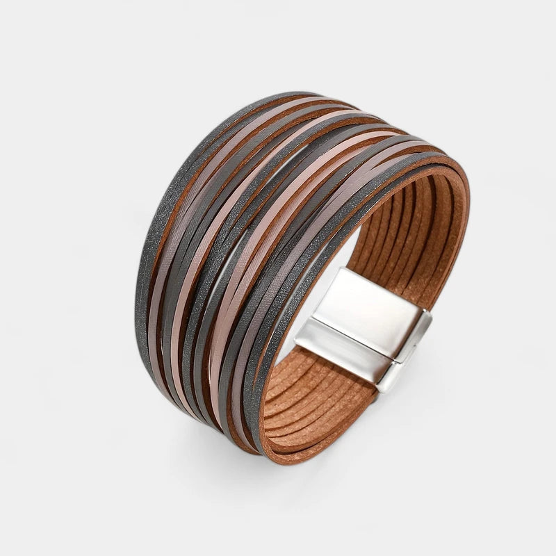 Virelle-Virelle | Dames Armband – Boho Vintage Stijl, Faux Leer, Magnetische Sluiting, Multi-Lagen Brede Cuff