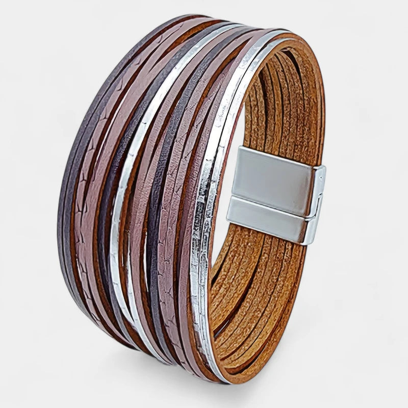 Virelle-Virelle | Dames Armband – Boho Vintage Stijl, Faux Leer, Magnetische Sluiting, Multi-Lagen Brede Cuff