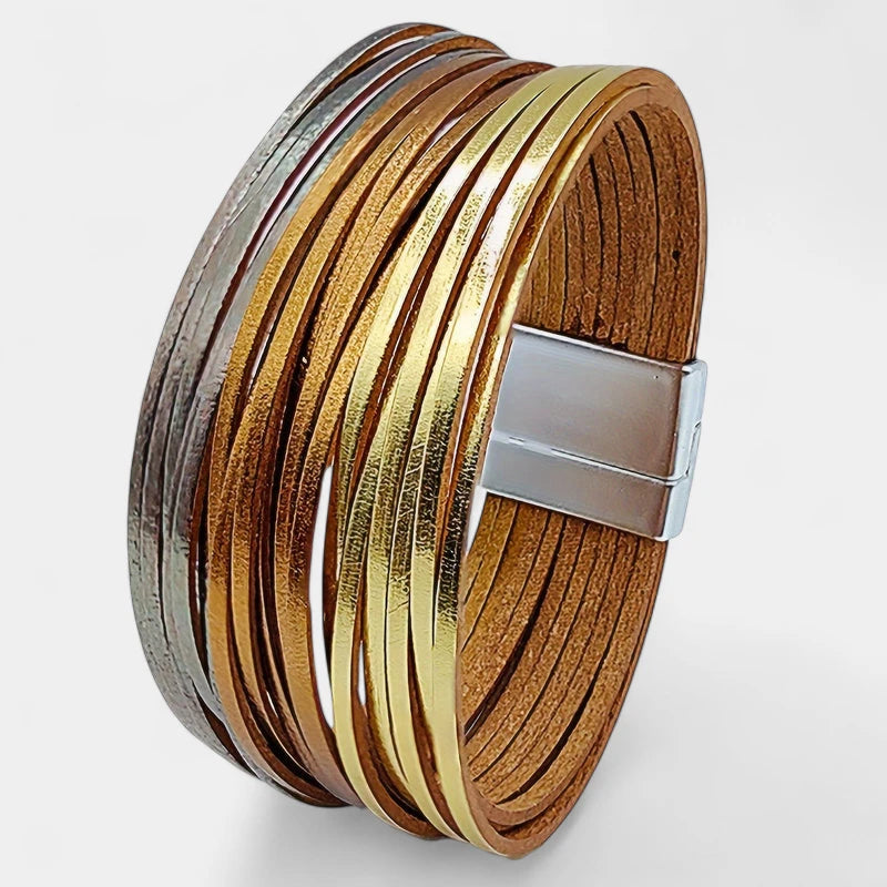 Virelle-Virelle | Dames Armband – Boho Vintage Stijl, Faux Leer, Magnetische Sluiting, Multi-Lagen Brede Cuff