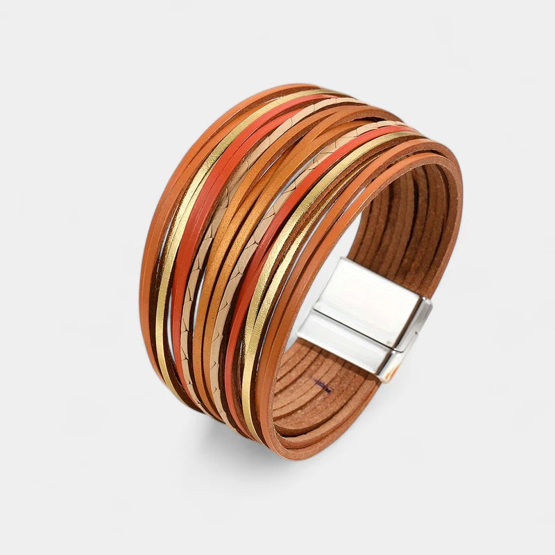 Virelle-Virelle | Dames Armband – Boho Vintage Stijl, Faux Leer, Magnetische Sluiting, Multi-Lagen Brede Cuff