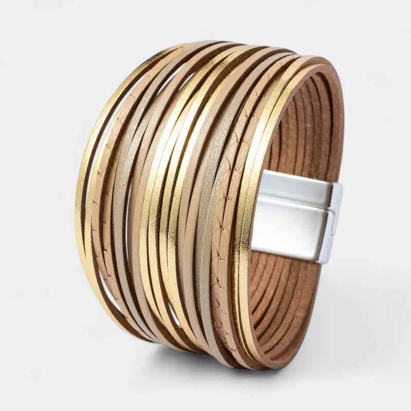 Virelle-Virelle | Dames Armband – Boho Vintage Stijl, Faux Leer, Magnetische Sluiting, Multi-Lagen Brede Cuff