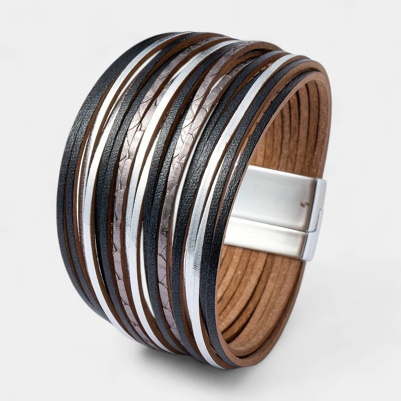 Virelle-Virelle | Dames Armband – Boho Vintage Stijl, Faux Leer, Magnetische Sluiting, Multi-Lagen Brede Cuff