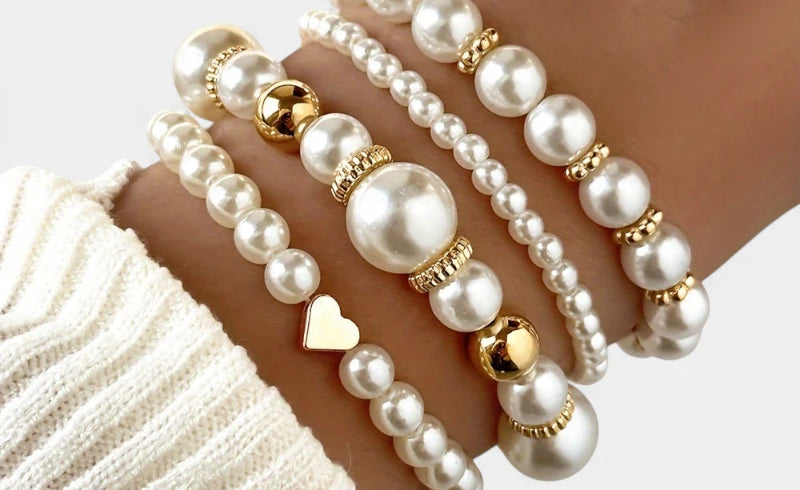 Virelle-Virelle | Dames Armbandenset – Imitatieparel Elastisch Design, 4-Delige Set