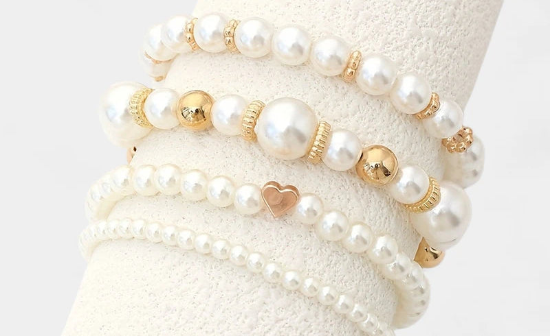 Virelle-Virelle | Dames Armbandenset – Imitatieparel Elastisch Design, 4-Delige Set