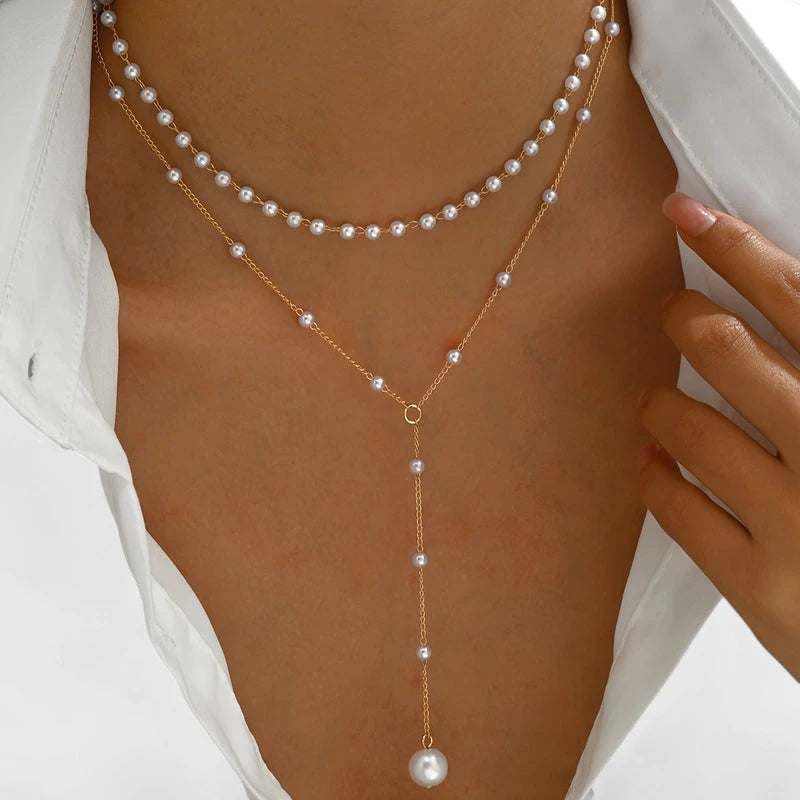 Virelle-Virelle | Dames Dubbele Ketting – Imitatieparel Trosdesign, Verstelbare Y-Vorm