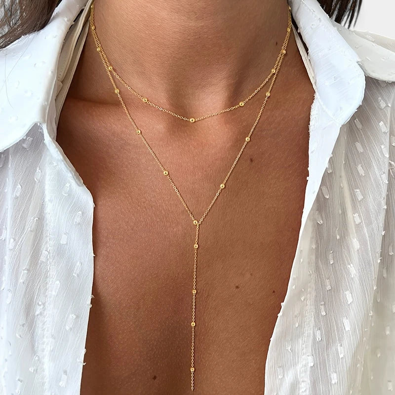 Virelle-Virelle | Dames Dubbele Ketting – Metaal Rijstkraal Accent, Verfijnde Y-Vorm