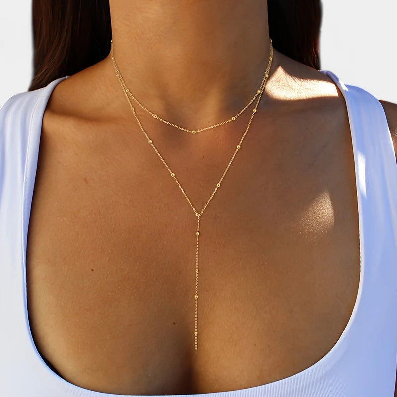 Virelle-Virelle | Dames Dubbele Ketting – Metaal Rijstkraal Accent, Verfijnde Y-Vorm