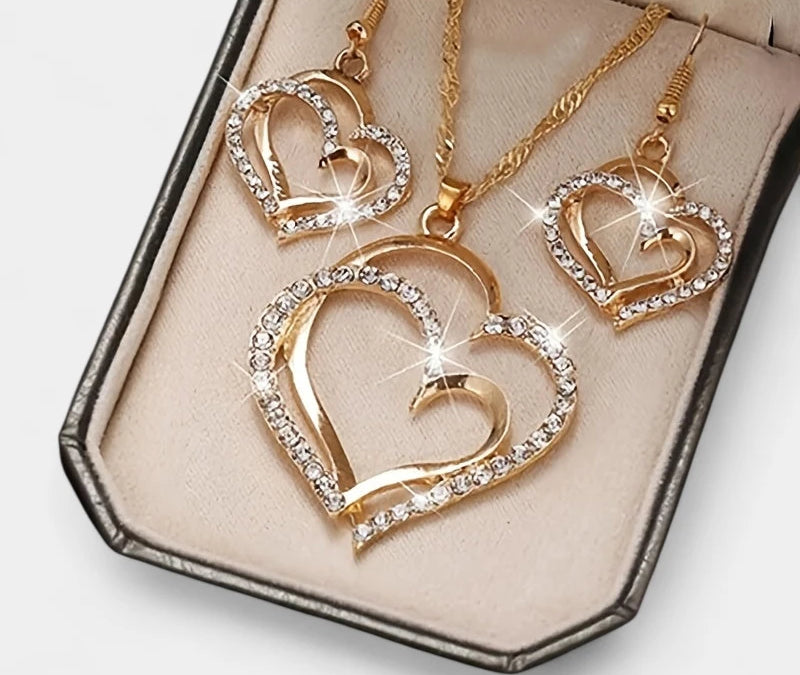 Virelle-Virelle | Dames Sieradenset – 3-Delige Set met Dubbele Hartvorm, Glanzende Zirkonia Details