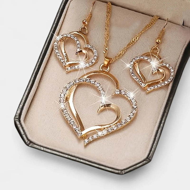 Virelle-Virelle | Dames Sieradenset – 3-Delige Set met Dubbele Hartvorm, Glanzende Zirkonia Details