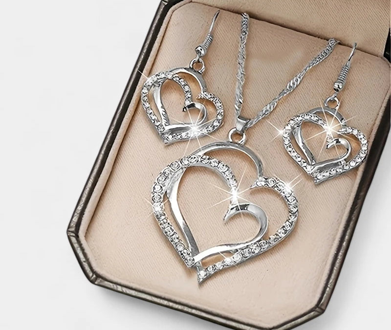 Virelle-Virelle | Dames Sieradenset – 3-Delige Set met Dubbele Hartvorm, Glanzende Zirkonia Details
