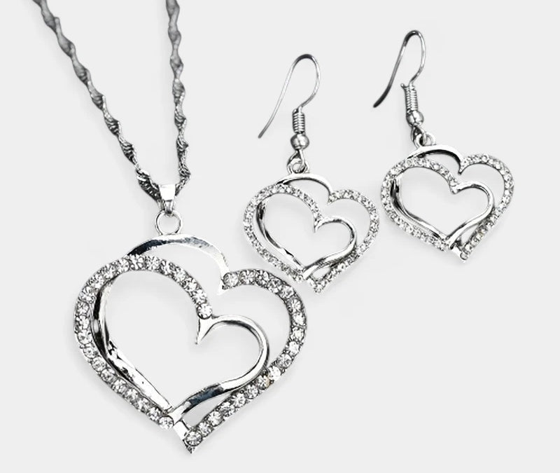 Virelle-Virelle | Dames Sieradenset – 3-Delige Set met Dubbele Hartvorm, Glanzende Zirkonia Details