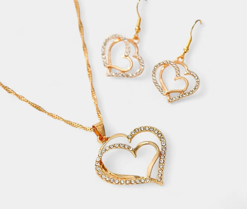 Virelle-Virelle | Dames Sieradenset – 3-Delige Set met Dubbele Hartvorm, Glanzende Zirkonia Details