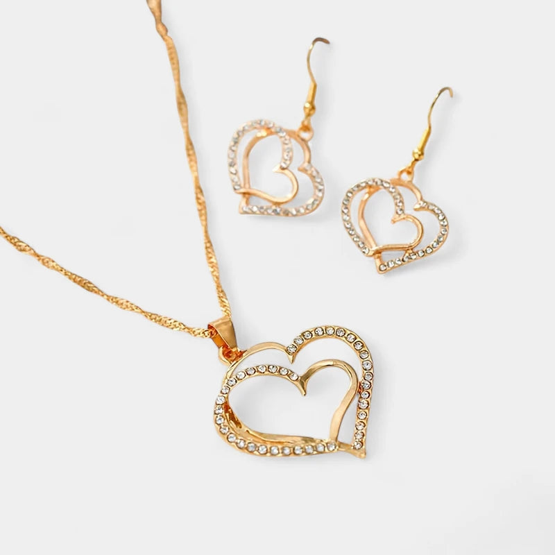 Virelle-Virelle | Dames Sieradenset – 3-Delige Set met Dubbele Hartvorm, Glanzende Zirkonia Details