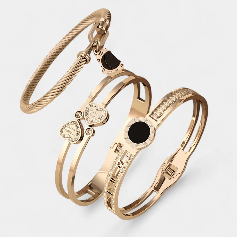 Virelle-Virelle | Dames armbandenset – Roestvrij staal, Romeinse cijfers, Hartvormige strassbedel