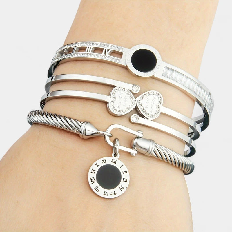 Virelle-Virelle | Dames armbandenset – Roestvrij staal, Romeinse cijfers, Hartvormige strassbedel