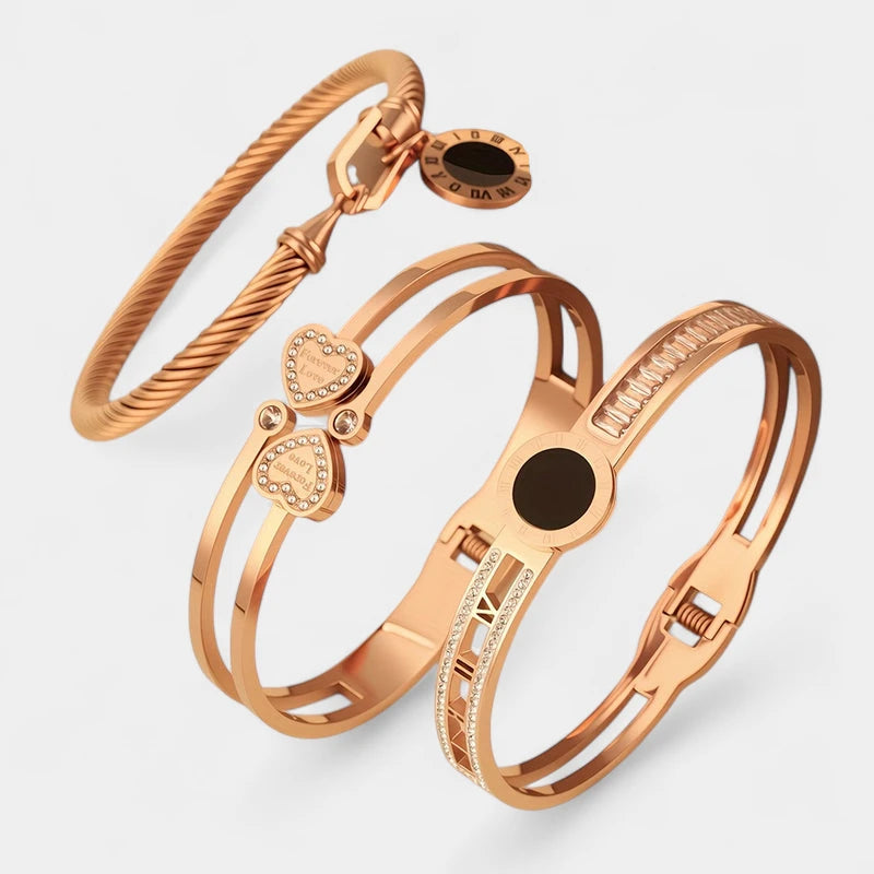 Virelle-Virelle | Dames armbandenset – Roestvrij staal, Romeinse cijfers, Hartvormige strassbedel